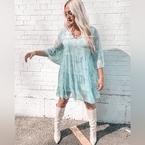 Aqua Tiered V-Neck Babydoll Dress
